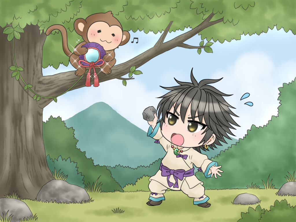 神璽を持って木へ逃げる猿と幼少期の神武天皇