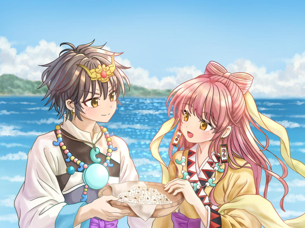 煮花を持って吾平津姫に会いにいく神武天皇